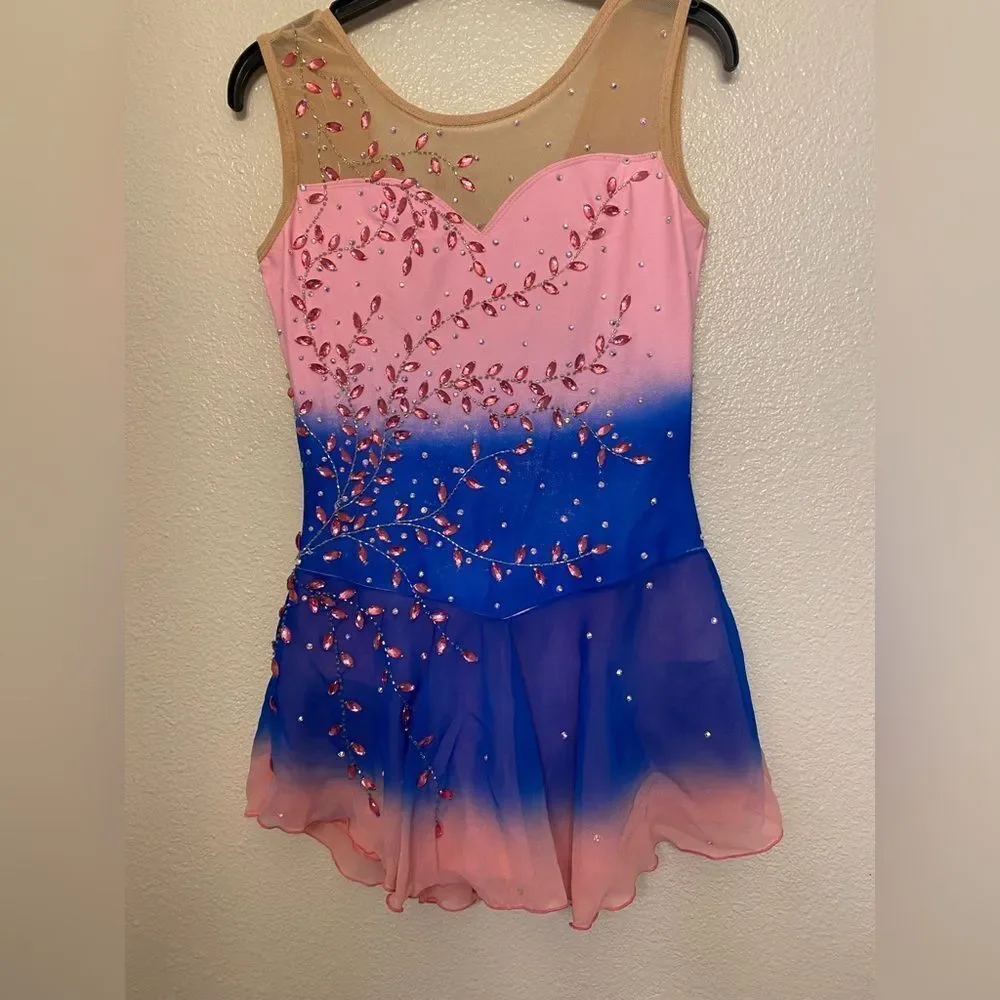Custom solo dance ice skating ballet costume blue pink ombre stoned dress SA